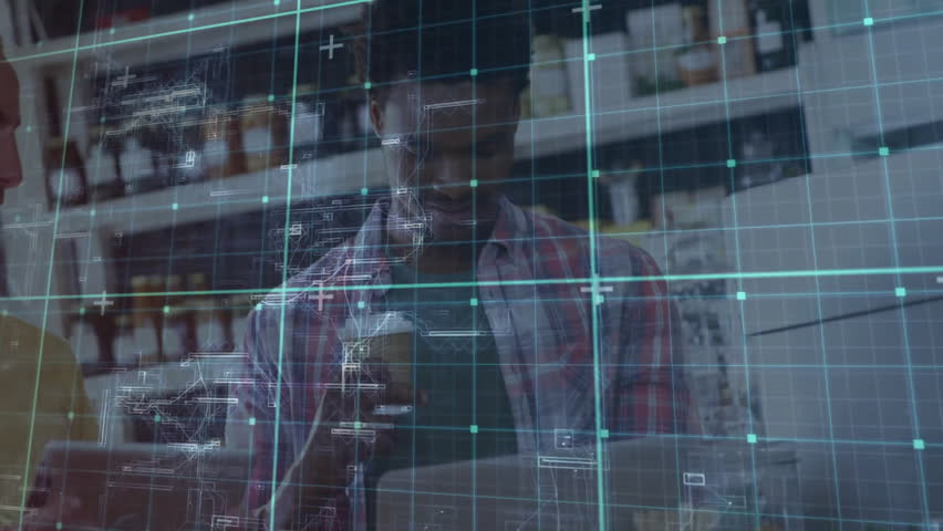 Two coworkers scrolling smartphone and showing data overlay while analyzing business data on laptop. Collaboration, analytics, teamwork, technology, modern, communication, professional - Powered by Shutterstock - Get 15% off with code: PIKWIZARD15