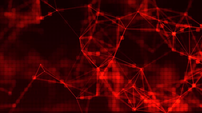 Abstract visualization of a network built from glowing red lines and nodes on a dark background. Geometric shapes and connections symbolize data transfer, information technology and digitalization
