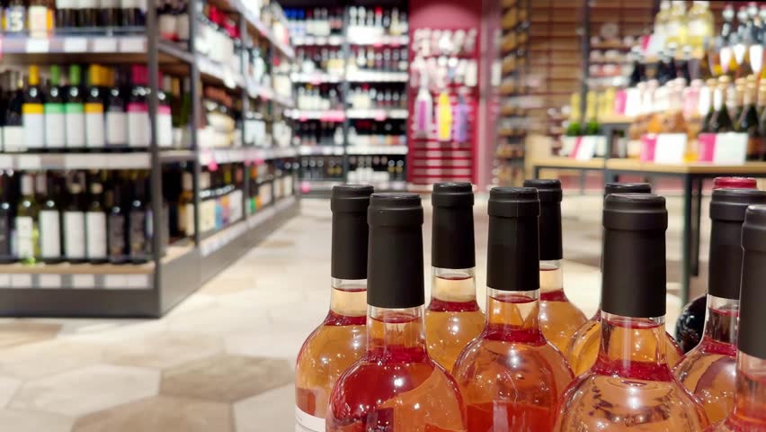 defocused alcohol (wine, champagne, liquor, whiskey) on store shelves