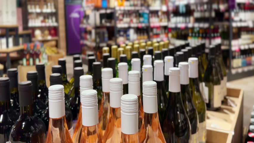 defocused alcohol (wine, champagne, liquor, whiskey) on store shelves