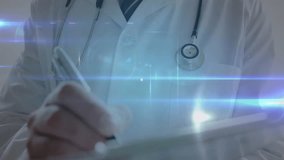 Doctor tapping tablet screen and mapping medical data network expanding across coat and stethoscope. Technology, innovation, digital, healthcare, network, connectivity, modern - Powered by Shutterstock - Get 15% off with code: PIKWIZARD15