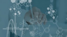 Scientist holding pipette entering lab, fading hexagons, scrolling code and sliding sine wave graph. Research, innovation, technology, data, precision, analysis, scientific - Powered by Shutterstock - Get 15% off with code: PIKWIZARD15