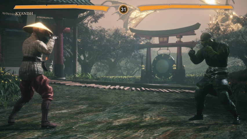 Controlling the warriors character in the fighting computer game. Warriors battling in the asian arena of a computer game. Warriors fighting in the new martial arts simulator computer game. Lose