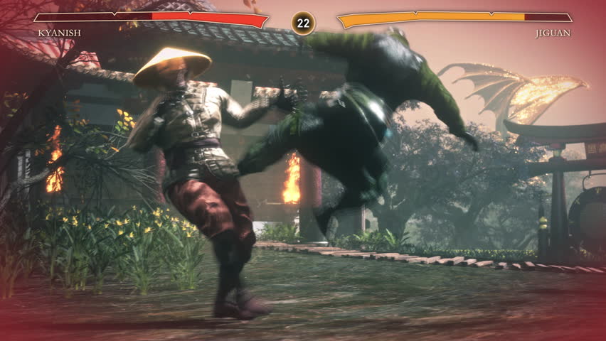 Controlling the warriors character in the fighting computer game. Warriors battling in the asian arena of a computer game. Warriors fighting in the new martial arts simulator computer game. Lose