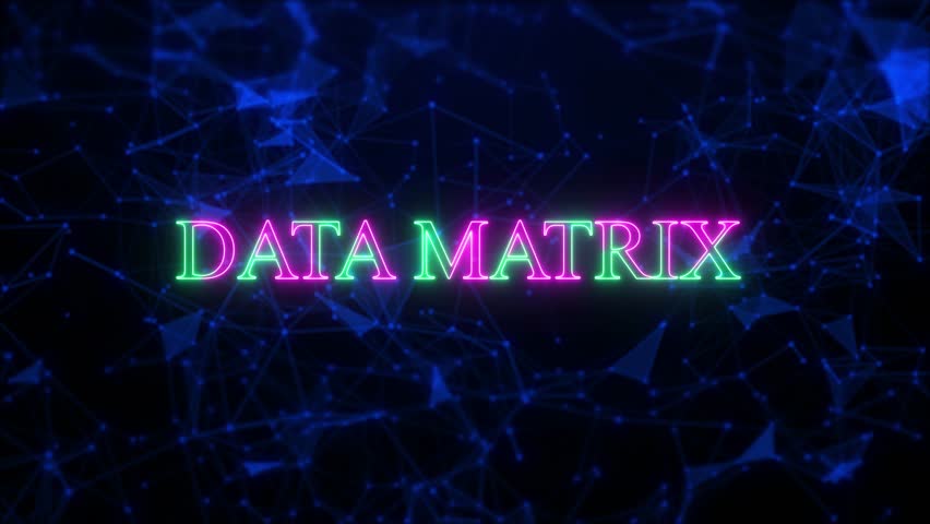 Neon Data Matrix Title Animation On Dynamic Blue Plexus Network Background, Data Matrixdigital Information Grid Background. Cybersecurity Abstract Data Analysis Technology. Digital Data Stream Matrix.