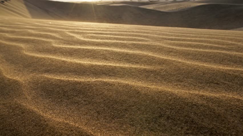 Wind blows sand off the dune and carries it away. Sand waving in the wind in dunes in desert. Sandstorm in the deset