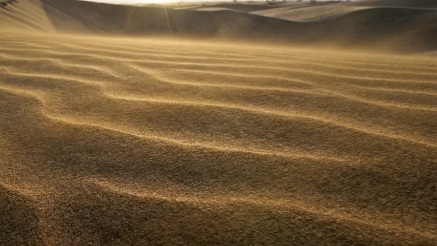 Wind blows sand off the dune and carries it away. Sand waving in the wind in dunes in desert. Sandstorm in the deset