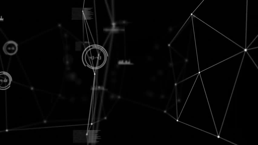 Network forming sparking particles assembling human icon in ring rotating, charts showing data. Futuristic, technology, digital, abstract, cybernetic, innovation, geometrics