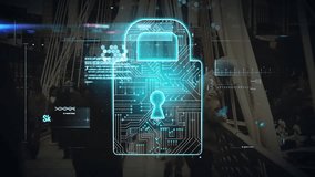 Lock hologram appearing scanning animating graphs analyzing lifting shackle confirming security. Cybersecurity, data, technology, digital, protection, innovation, enterprise - Powered by Shutterstock - Get 15% off with code: PIKWIZARD15