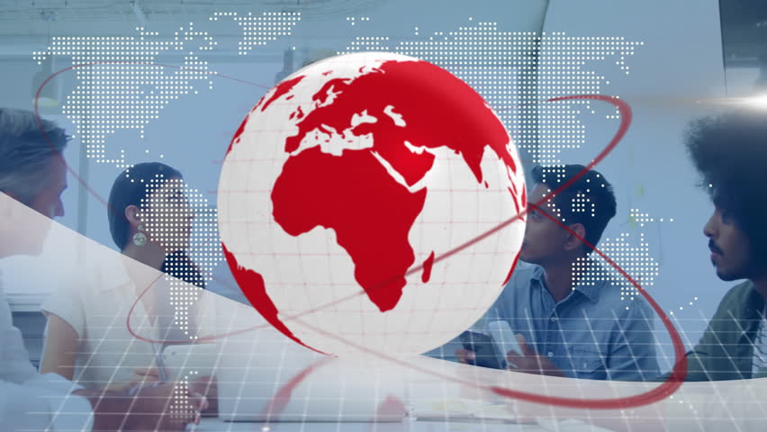 Business team gathering around table and initiating rotating 3D globe revealing data insights. Collaboration, teamwork, innovation, data, technology, global, strategy - Powered by Shutterstock - Get 15% off with code: PIKWIZARD15