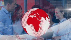 Business team pointing at laptop while initiating spinning globe shrinking revealing data insights. Collaboration, teamwork, innovation, digital, technology, modern, diversity - Powered by Shutterstock - Get 15% off with code: PIKWIZARD15