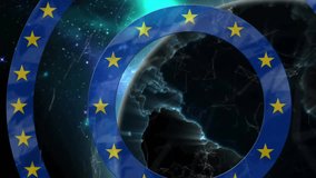 On start, EU ring and globe rotating clockwise, network lines flickering demonstrating connectivity. Space, global, technology, connectivity, digital, urban, innovation - Powered by Shutterstock - Get 15% off with code: PIKWIZARD15