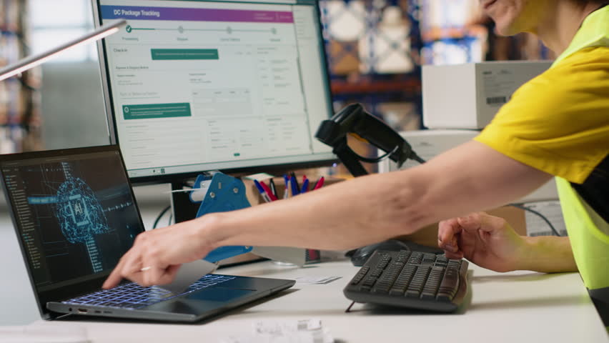 Asian warehouse worker uses AI virtual assistant to help manage inventory, scanning barcodes to update shipping labels and deliver accurate order processing. Online shopping activity. Camera B. - Powered by Shutterstock - Get 15% off with code: PIKWIZARD15