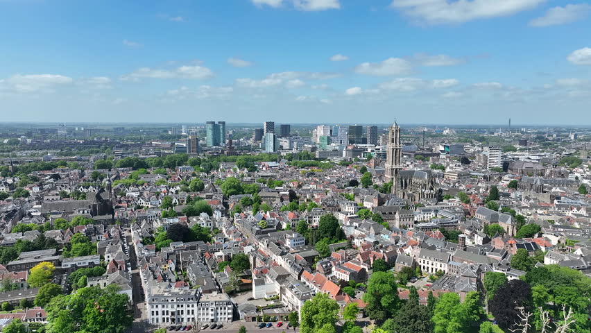 Aerial video from the city Utrecht with the Dom tower in the Netherlands