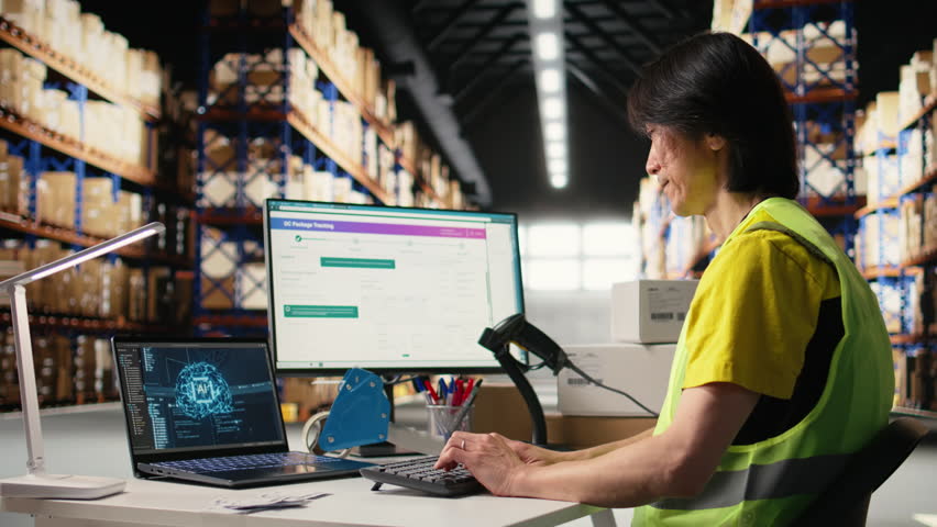 Asian warehouse worker uses AI virtual assistant to help manage inventory, scanning barcodes to update shipping labels and deliver accurate order processing. Online shopping activity. Camera A. - Powered by Shutterstock - Get 15% off with code: PIKWIZARD15