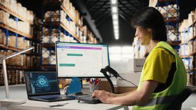 Asian warehouse worker uses AI virtual assistant to help manage inventory, scanning barcodes to update shipping labels and deliver accurate order processing. Online shopping activity. Camera A. - Powered by Shutterstock - Get 15% off with code: PIKWIZARD15