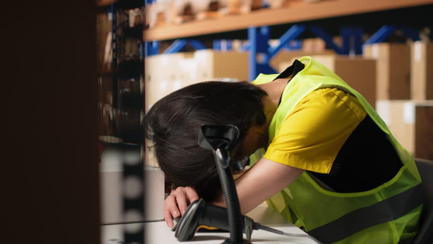 Tired overworked person in hi vis vest scanning shipping labels, being sleepy and bored with his tasks in the warehouse. Managing order fulfillment with a scanner and tracking software. Camera B. - Powered by Shutterstock - Get 15% off with code: PIKWIZARD15