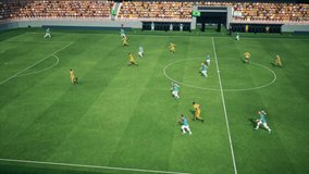 Clean cinematic shot of Brazil scoring during sunny match scene in fake football game. Virtual stadium, cheering crowd, and camera plan layout elevate animation quality to full esport-style experience - Powered by Shutterstock - Get 15% off with code: PIKWIZARD15