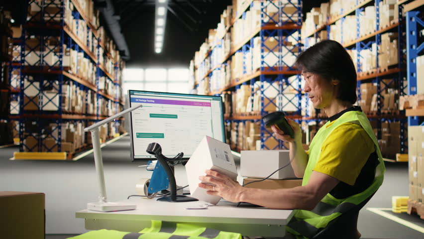 Male worker managing package labeling using shipment details adhesive tags, handling order processing and preparing the packages for distribution. Online shopping fulfillment center. Camera A.