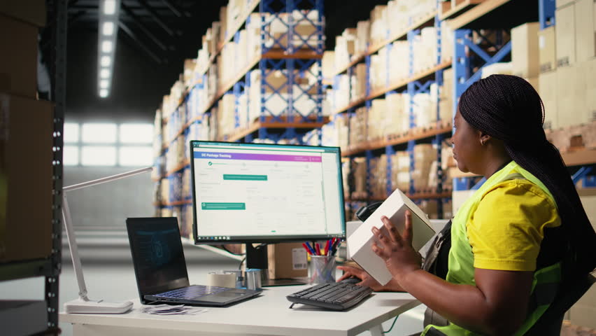 Black woman processing orders next to AI-generated brain for tracking software, using computer to register tracking numbers barcodes. Artificial intelligence supporting shipments. Camera A.
