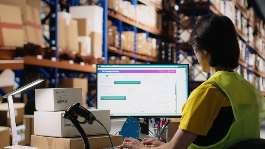 Asian male worker scanning shipment labels and tracking numbers in a distribution hub, ensures order management in fulfillment center. Using a scanner for transportation details. Camera B. - Powered by Shutterstock - Get 15% off with code: PIKWIZARD15