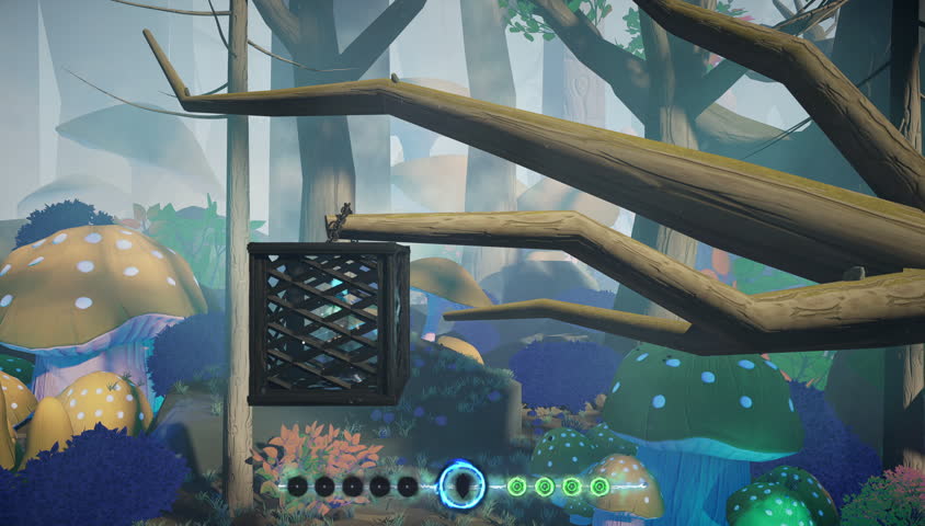 A stylized video game environment showcases lush, glowing woodlands, filled with puzzles, mood-driven ambiance, and visual depth. Framed as part of an atmospheric journey. Video game scene.