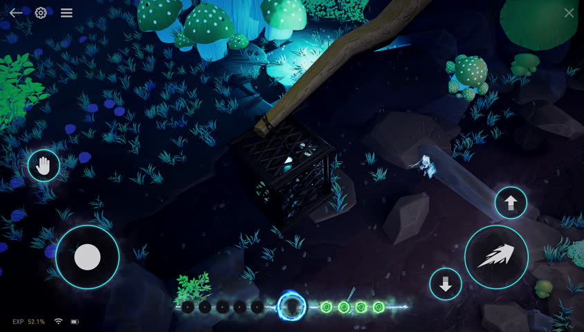 A defensive stand in a night forest fake game sequence for mobile. The character readies magic against a larger foe. A moody isometric video game scene rich in color and tension.