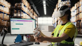 Staff wearing a VR headset for 3D simulation powered by artificial intelligence, supporting order processing and inventory control. Monitoring real time shipment parcel tracking. Camera A. - Powered by Shutterstock - Get 15% off with code: PIKWIZARD15