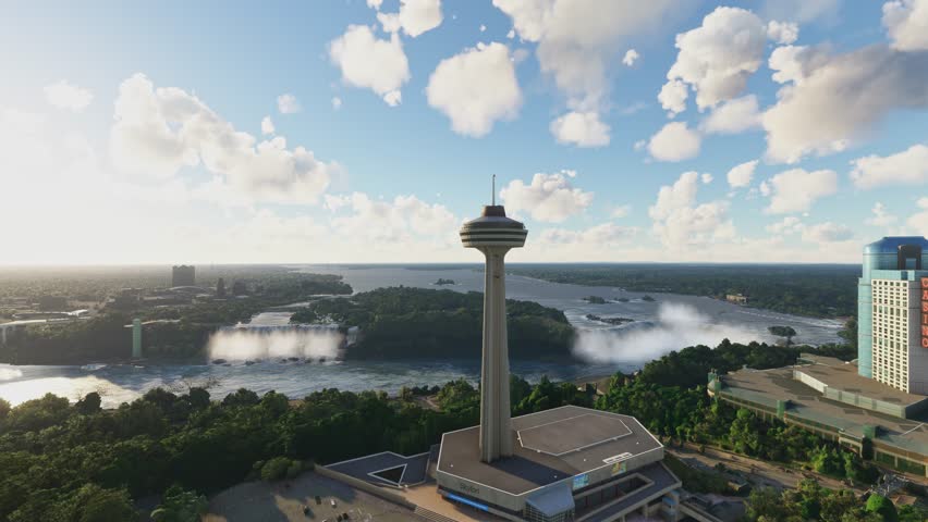 3D - Circular aerial shot of Skylon Tower in Niagara Falls in Ontario. Canada
