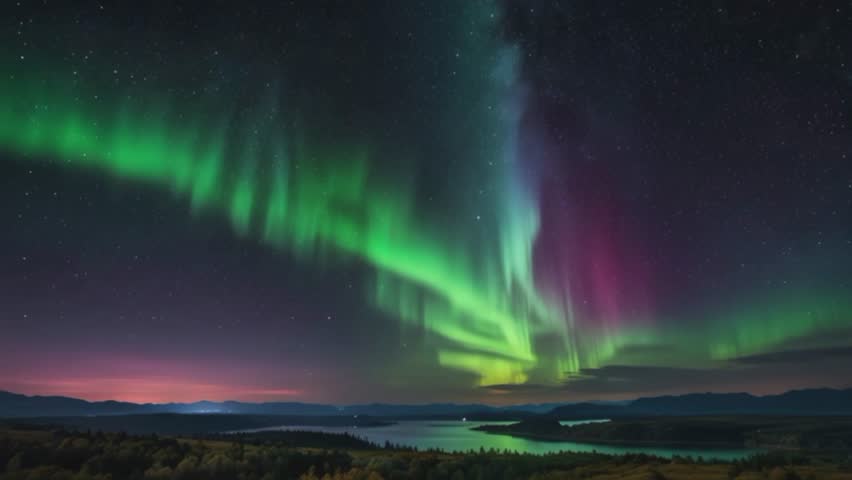 a stunning and surreal night view with the spectacular aurora borealis lighting up the sky. Curtains of green and purple light danced over the dark horizon, filled with twinkling stars.