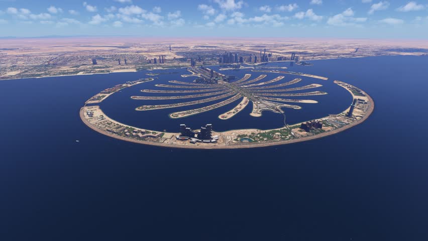3D - Circular aerial shot of The Palm in Jumeirah. Dubai. United Arab Emirates
