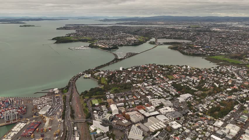 Auckland City and harbour, New Zealand. Aerial drone panoramic view