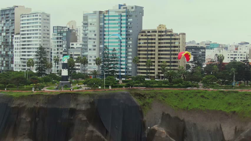 The costa verde-malecón in miraflores, lima, featuring modern buildings and paragliders, aerial view