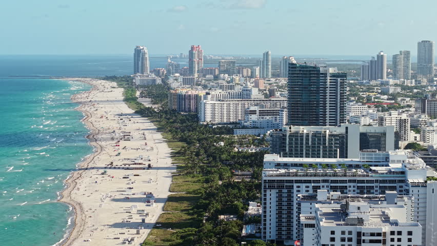 South Beach Miami, Florida USA. Drone View of Beachfront Hotels and Sandy Shore