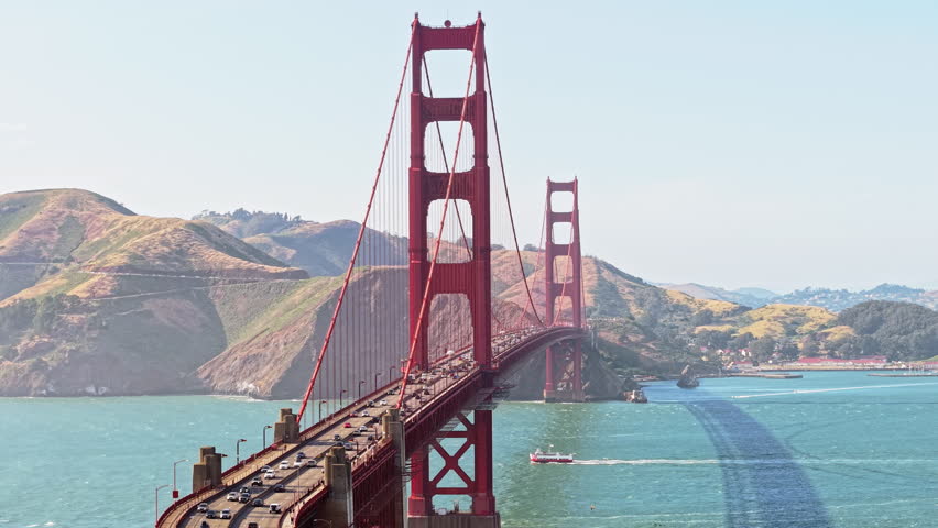 Golden Gate Bridge and San Francisco Bay, California USA, Drone Shot of Busy Traffic on Sunny Day