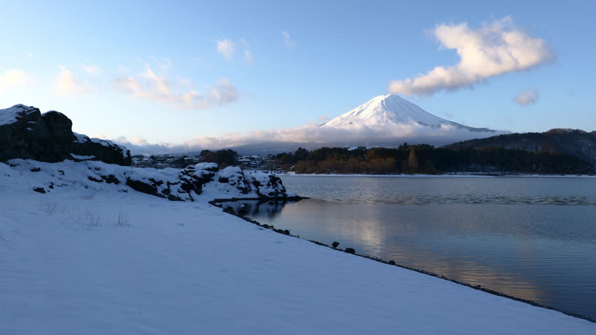Mount Fuji over Snow-Covered Lakeshore at Lake Kawaguchi (ZOOM IN)