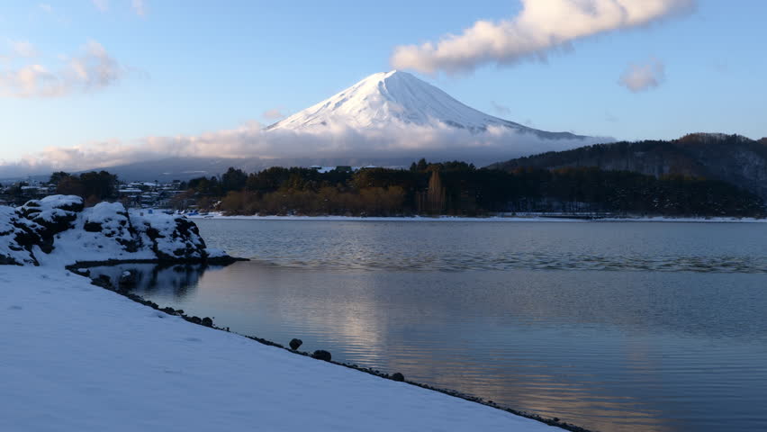 Mount Fuji over Snow-Covered Lakeshore at Lake Kawaguchi (ZOOM OUT)