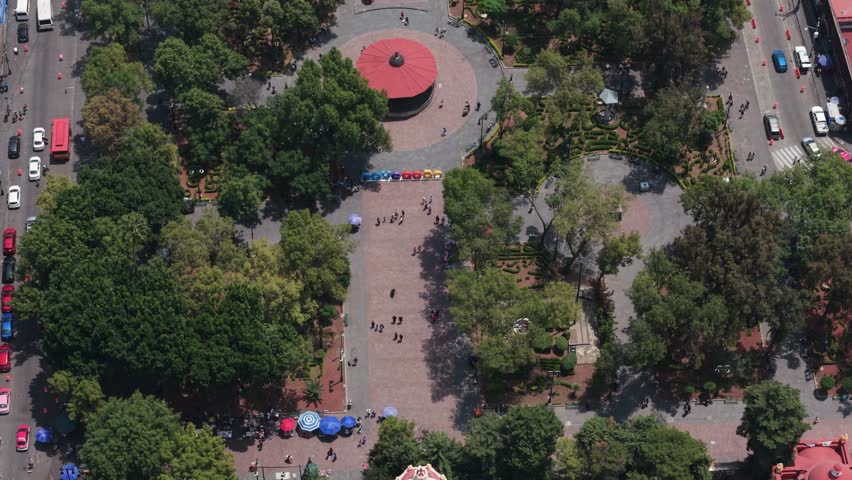 Aerial drone view of the Coyoacan kiosk, a tourist attraction in Mexico City