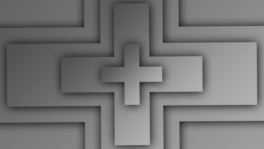 Abstract grey geometric layers with a morphing plus sign. This monochrome motion background is ideal for modern intros, corporate presentations, or as a seamless visual loop for digital displays.