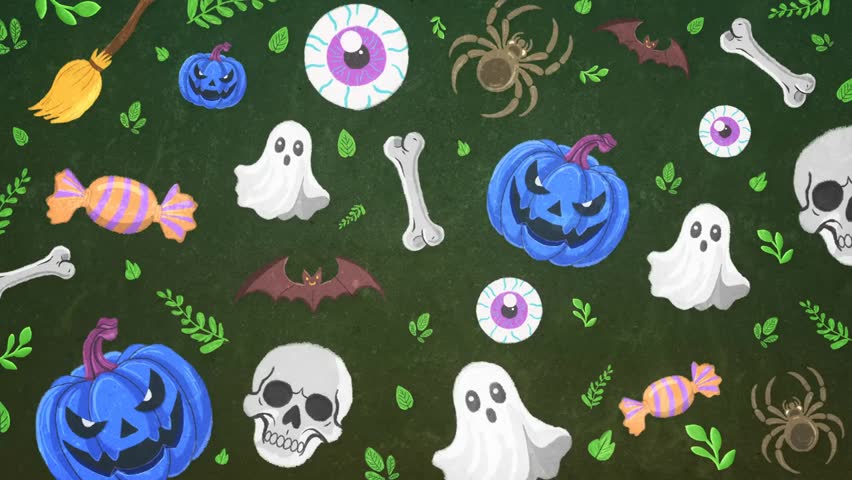 Animated stop-motion Halloween background featuring spooky decorations, pumpkins, ghosts, and eerie lighting for festive seasonal scenes.
