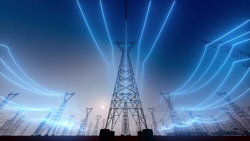 Visual effects of electric current on high voltage power lines, showcasing transmission energy, sparks, and electrical infrastructure at work.
