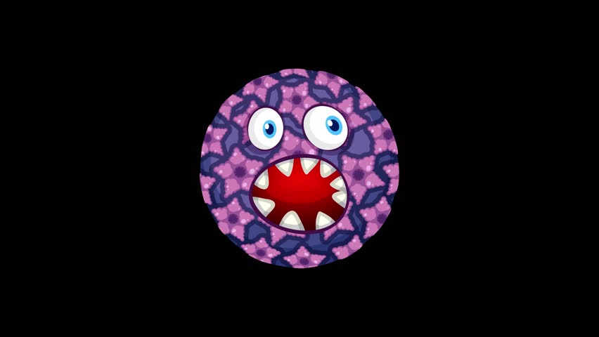 A vibrant virus character animates against shifting backgrounds, transitioning from black to white to green, with dynamic movements