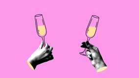 Modern collage with halftone hands holding champagne flutes. Valentines day. Couple clinking glasses. Hands holding drinks. People celebrate event together. Animation, stop motion - Powered by Shutterstock - Get 15% off with code: PIKWIZARD15