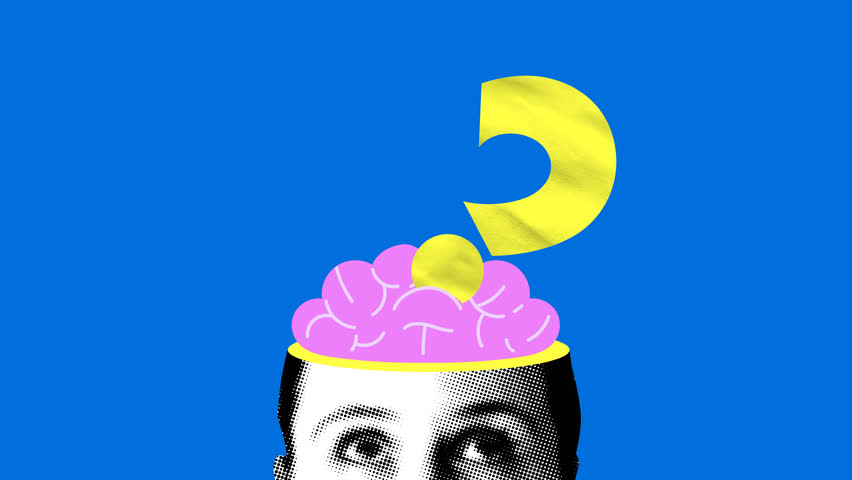 Question mark moves from side to side in the brain. Animated collage with head, brain, question mark. Problem and solution. Brainstorm. Puzzled woman looks at question mark. FAQ. Search for an answer