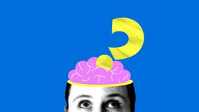Question mark moves from side to side in the brain. Animated collage with head, brain, question mark. Problem and solution. Brainstorm. Puzzled woman looks at question mark. FAQ. Search for an answer - Powered by Shutterstock - Get 15% off with code: PIKWIZARD15