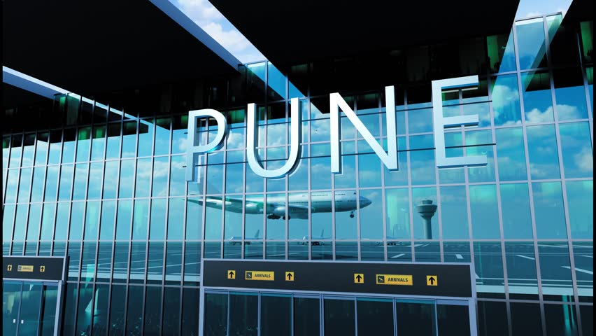 Airlane landing at Pune. Arrival in the city with reflection of airport and aircraft