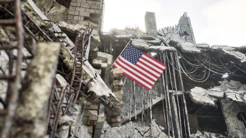 USA Flag in War and Disaster Ruins