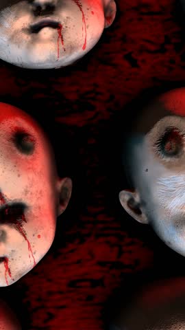 Seamless vertical video of a zombie devil baby doll heads. Terror creepy demon monster character for Halloween background.