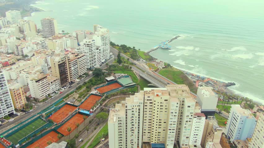 Miraflores, lima, peru, with the costa verde and malecon coastline, aerial view