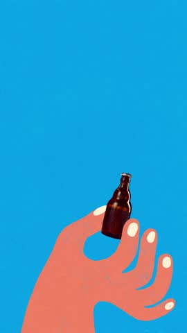 Refreshing pop. Single illustrated hand popping open a beer bottle with foam. Concept of energy, freshness, and nightlife with playful emotion in creative animated ad.